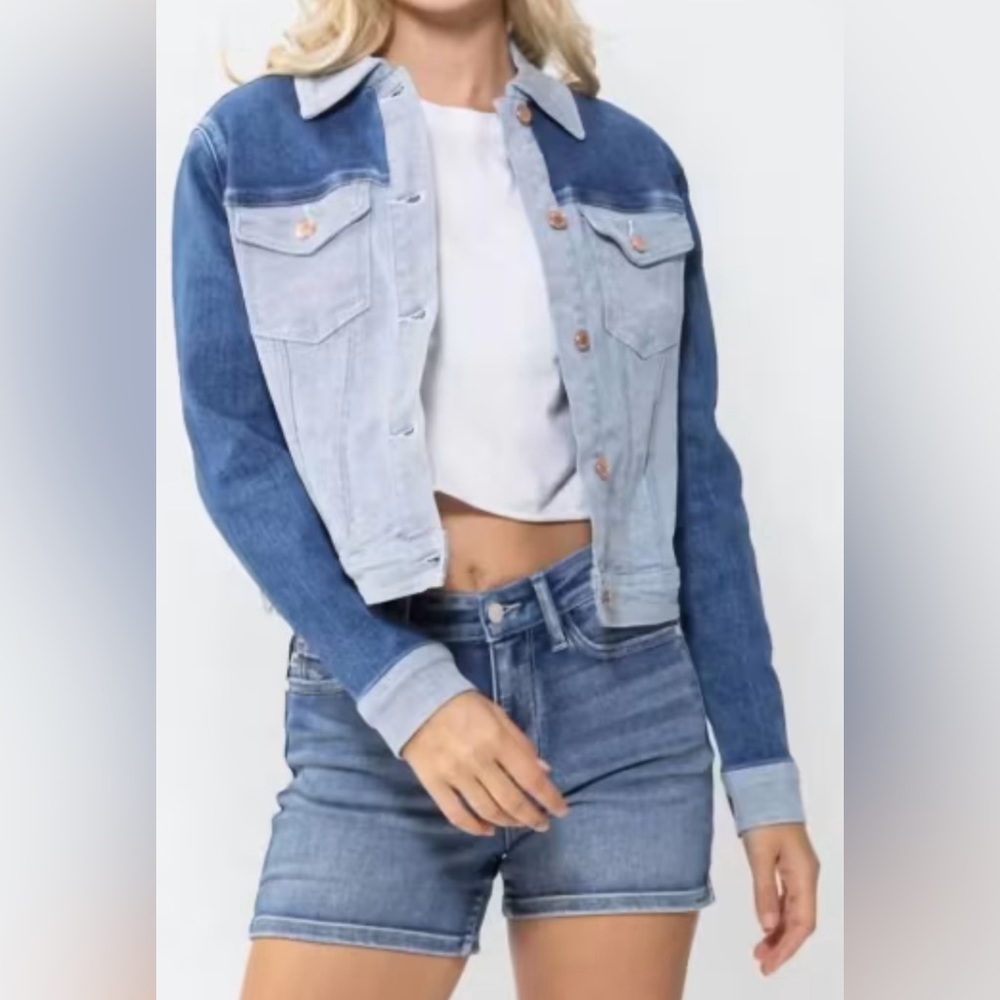 Judy Blue Color Block Button Down Long Sleeve Denim Jacket